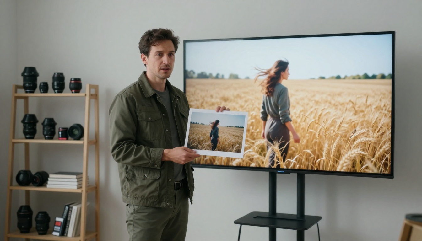 Photographer comparing a printed photo to an animated video on a studio monitor