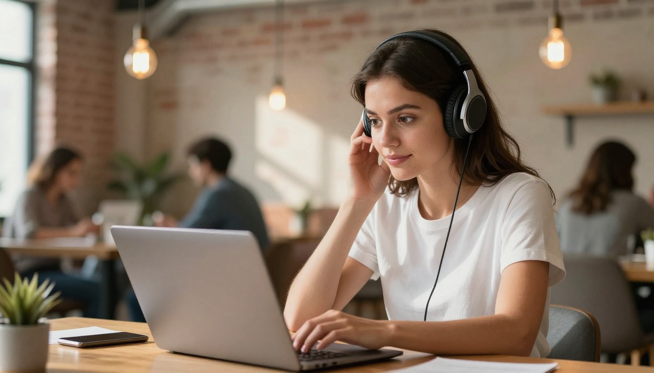 Young woman in a co-working space with exposed brick walls reading her laptop screen with a slight smile
