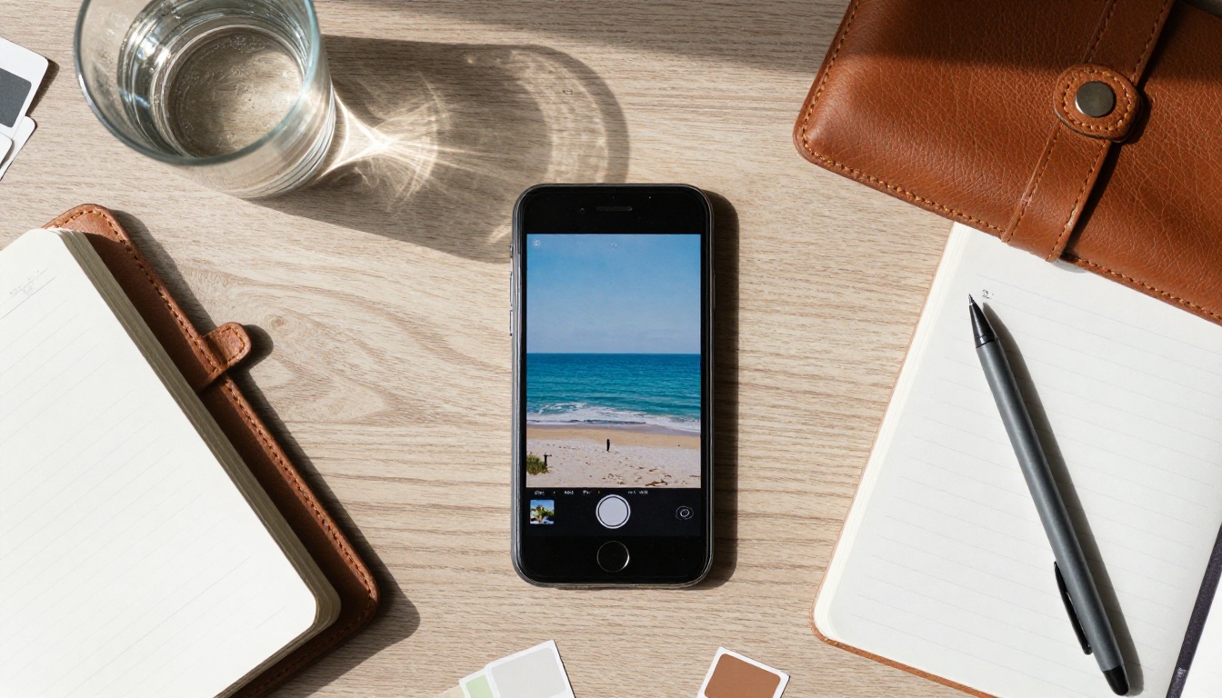 Aerial flat lay of a workspace showing a printed photo beside a smartphone displaying its animated version