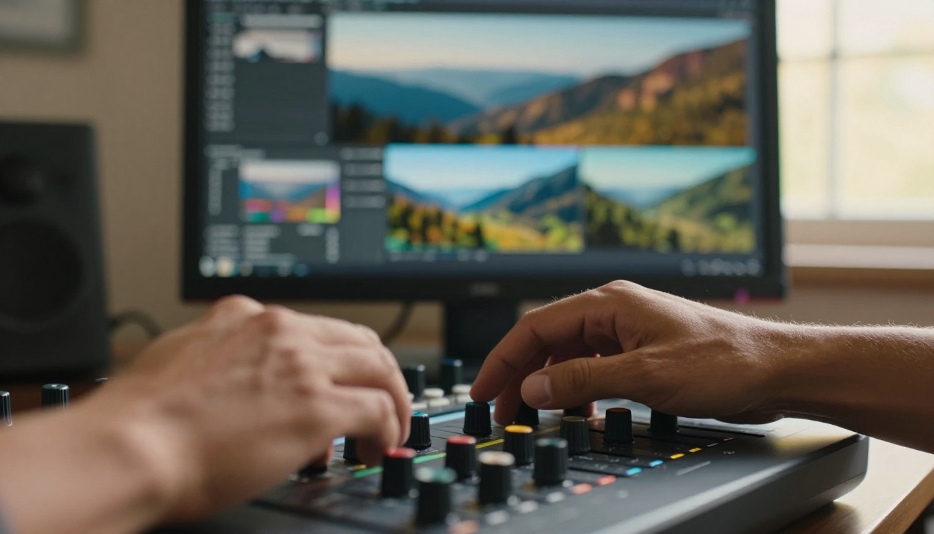 Professional hands on color grading control panel reviewing cinematic footage on monitor