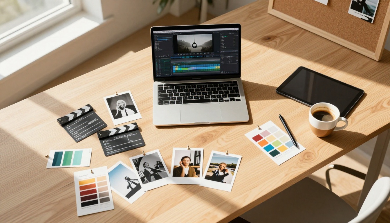 Aerial top-down view of creative studio workspace with film materials and editing tools on wooden desk