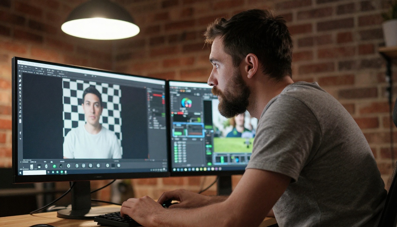 VFX artist at dual monitor setup working on background removal and rotoscoping workflow