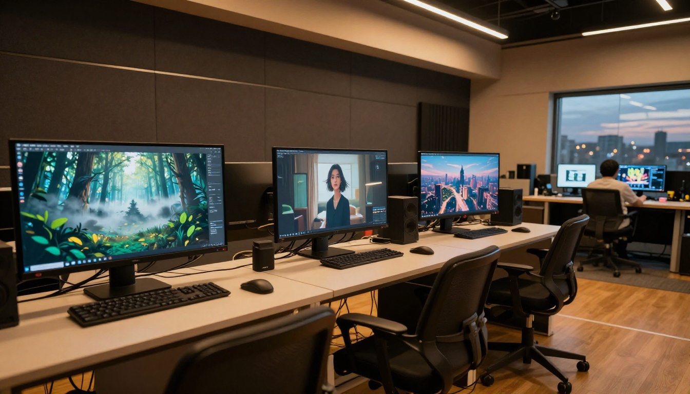 Multi-screen studio showing three different AI-animated video outputs on workstations