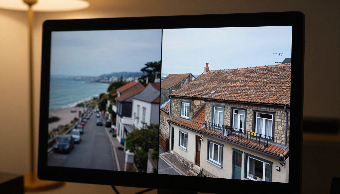 Professional monitor showing side-by-side comparison of low resolution versus AI upscaled 4K video footage