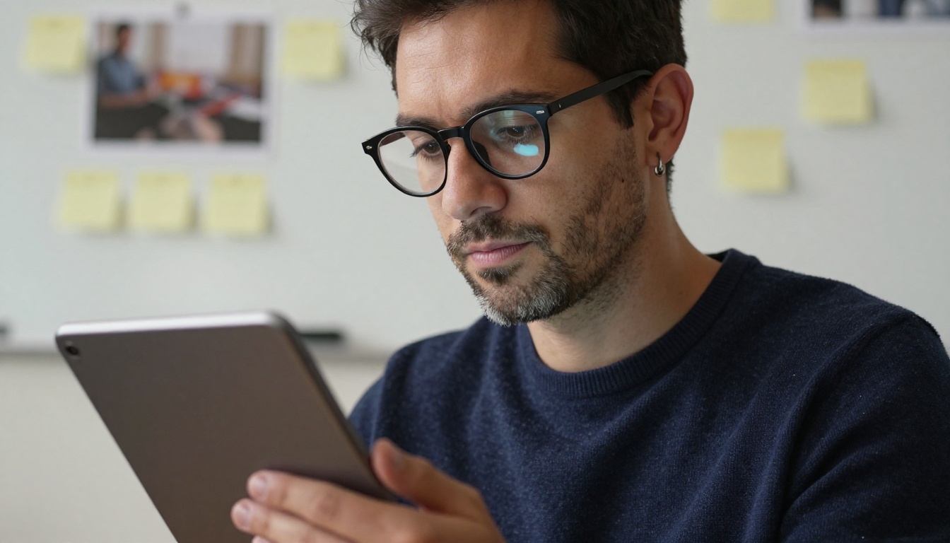 Creative director examining a tablet in warm studio lighting, reviewing AI-animated video results