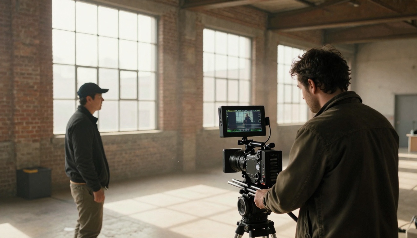 Small independent film crew reviewing playback on portable field monitor in a warm sunlit brick warehouse