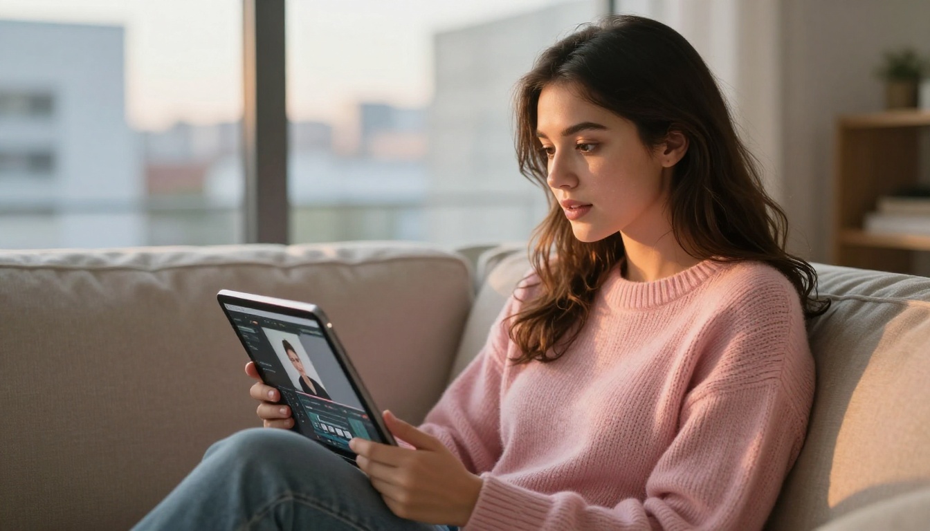 Young female content creator sitting on sofa using tablet with AI background replacement tool active