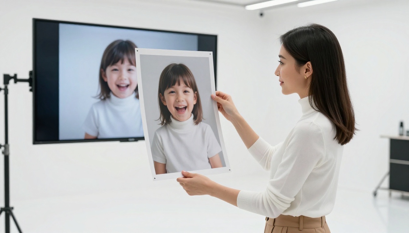 Woman comparing a printed photo to an animated screen in a photography studio, clean white setting
