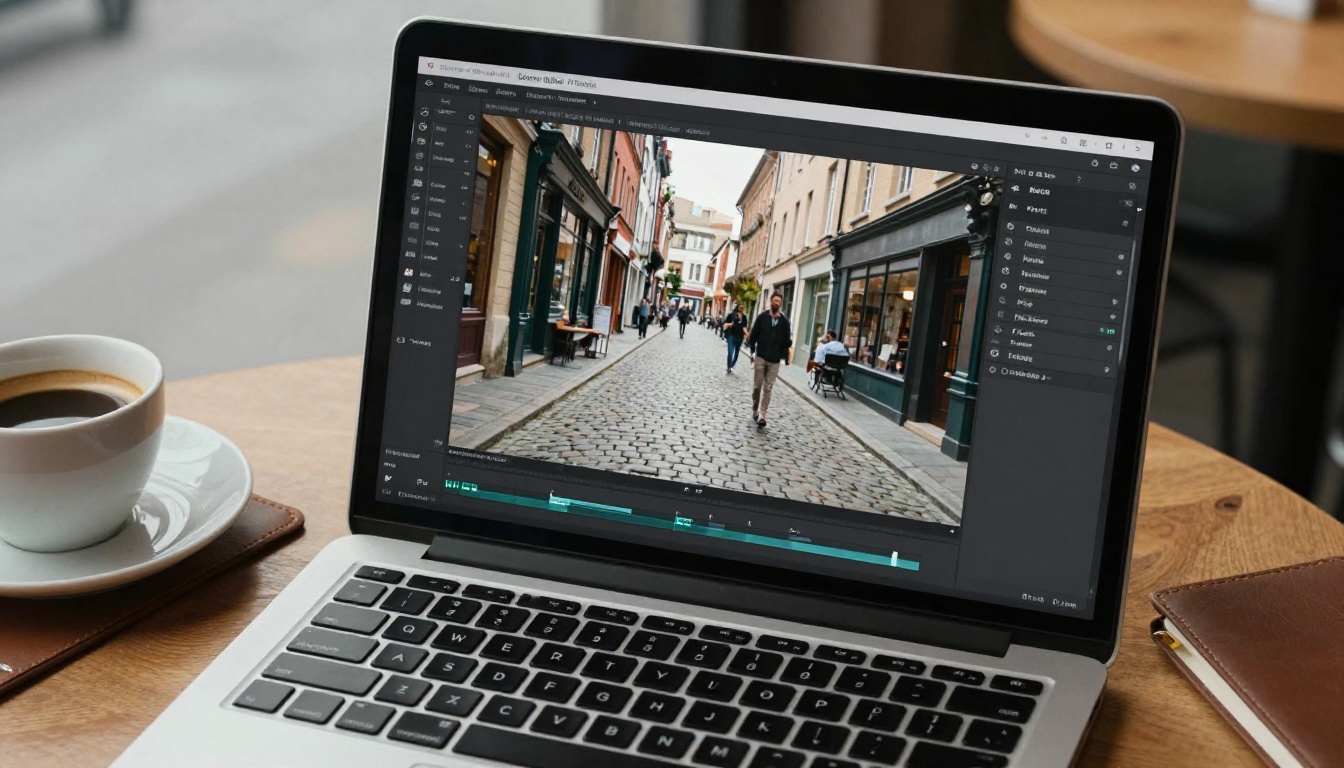 Laptop on cafe table showing AI object removal tool with clean background reconstruction on street scene