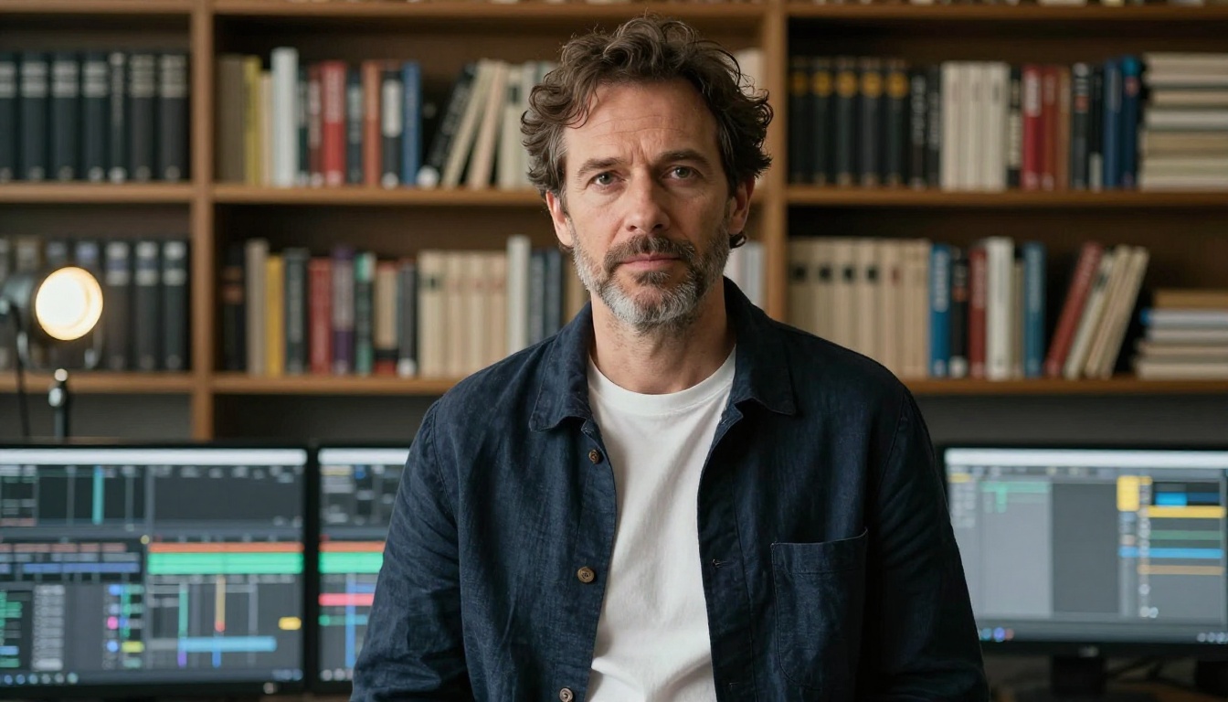 Experienced male filmmaker standing confidently in front of professional editing suite, authoritative portrait