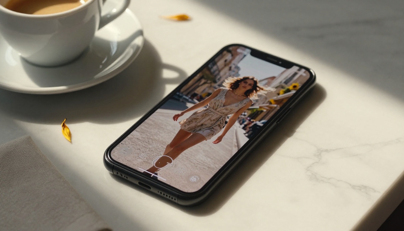 Smartphone on marble countertop displaying an animated fashion video, morning light and espresso cup