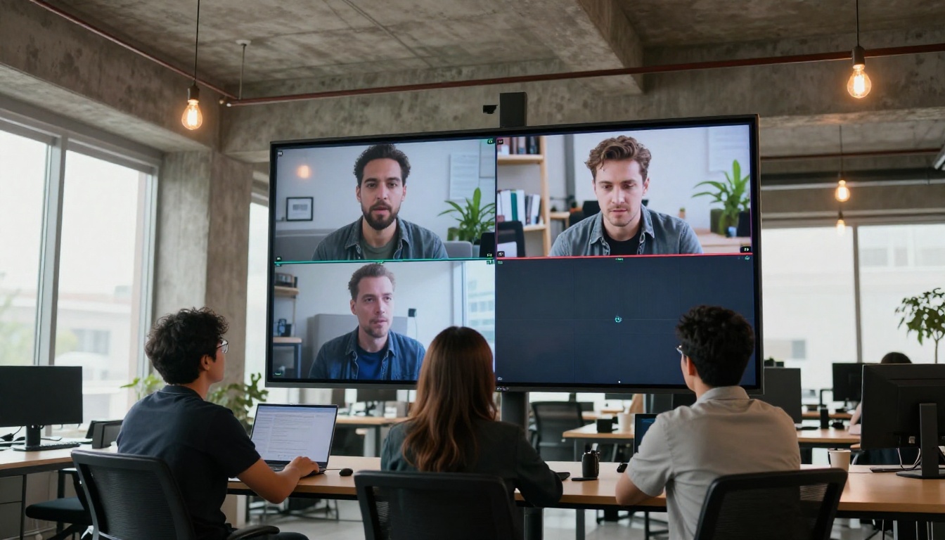 Three diverse media professionals gathered around a standing desk reviewing AI video stabilization comparison