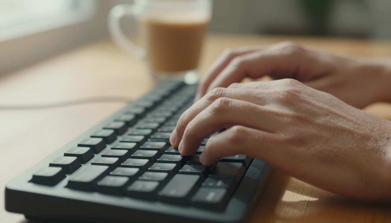 Hands typing on a mechanical keyboard at a wooden desk with natural window light