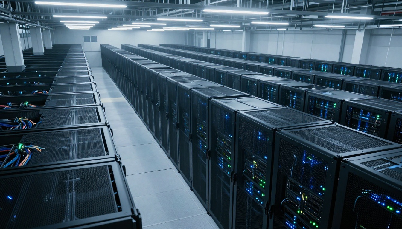 Rows of server racks in a massive data center under cool industrial lighting