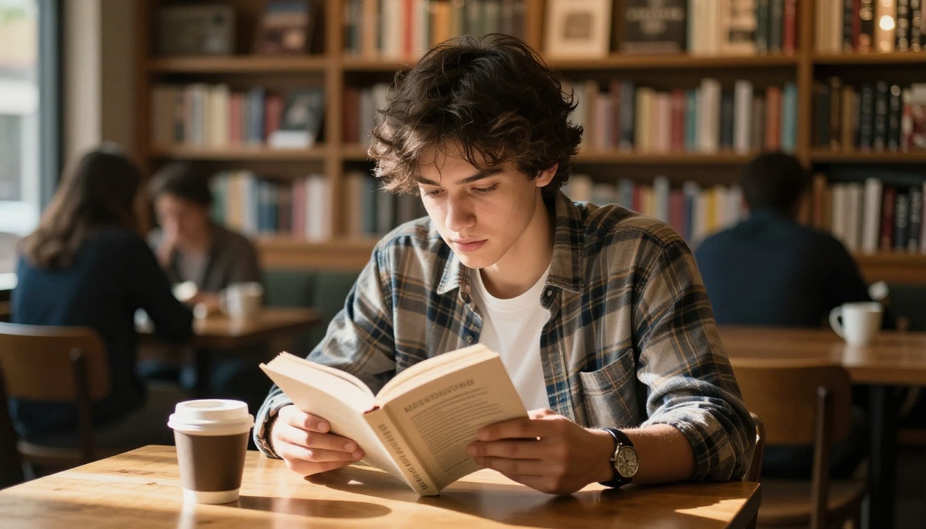 A young male student reading a technical book in a warm bookshop cafe