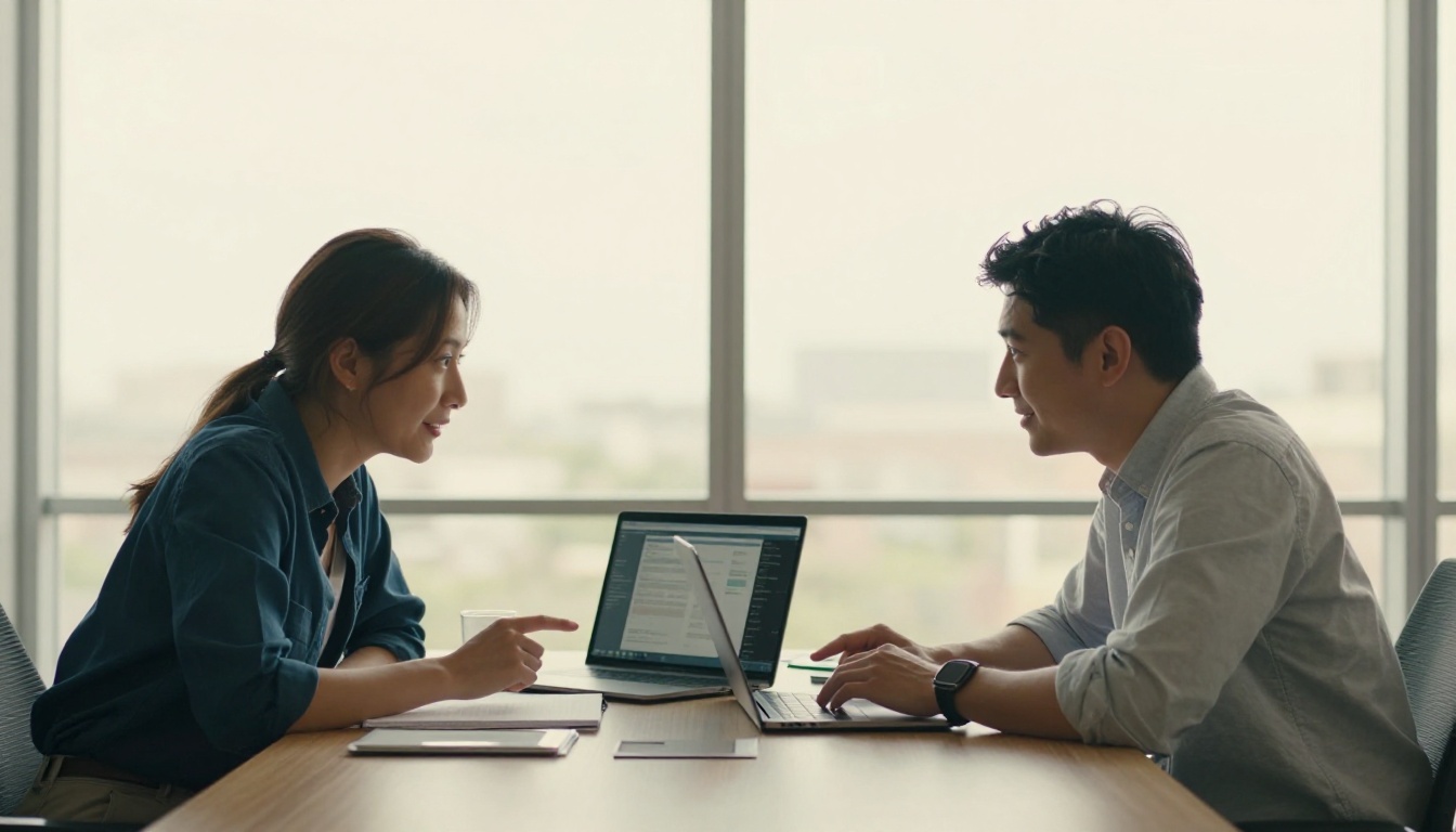 Two professionals collaborating with open laptops at a table in a modern office