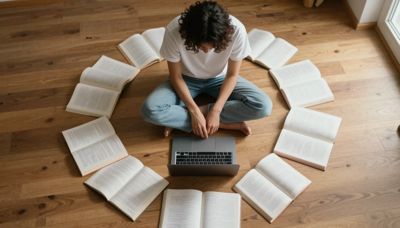 A person sitting cross-legged on a wooden floor surrounded by open books and handwritten notes