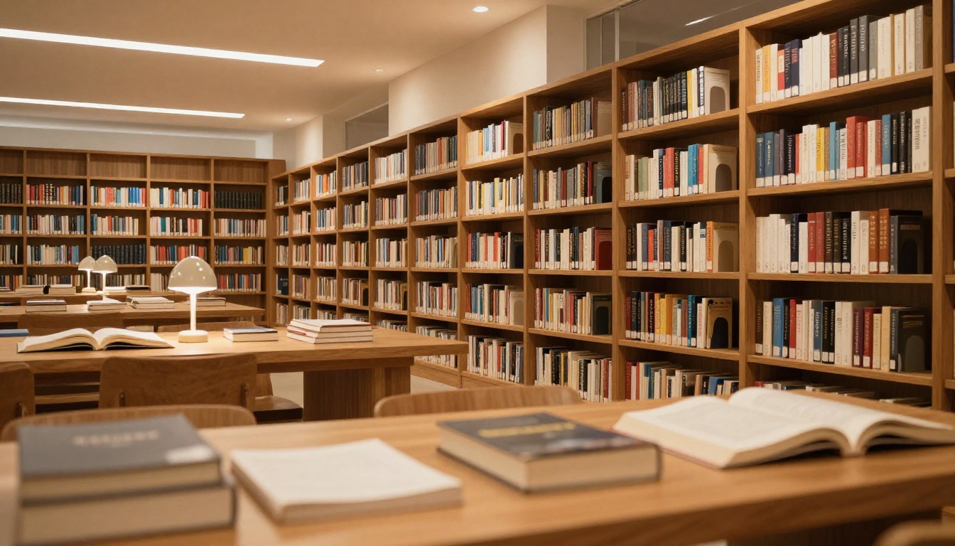 A warm modern library interior with tall bookshelves and long reading tables under soft lighting