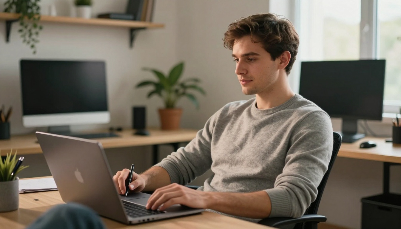 A male developer sitting relaxed in a home office with soft natural window light and a laptop