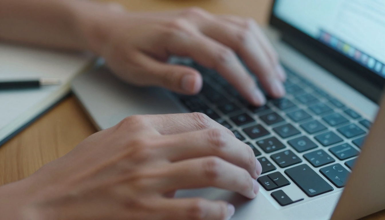 A person typing at a laptop in a sunlit creative studio