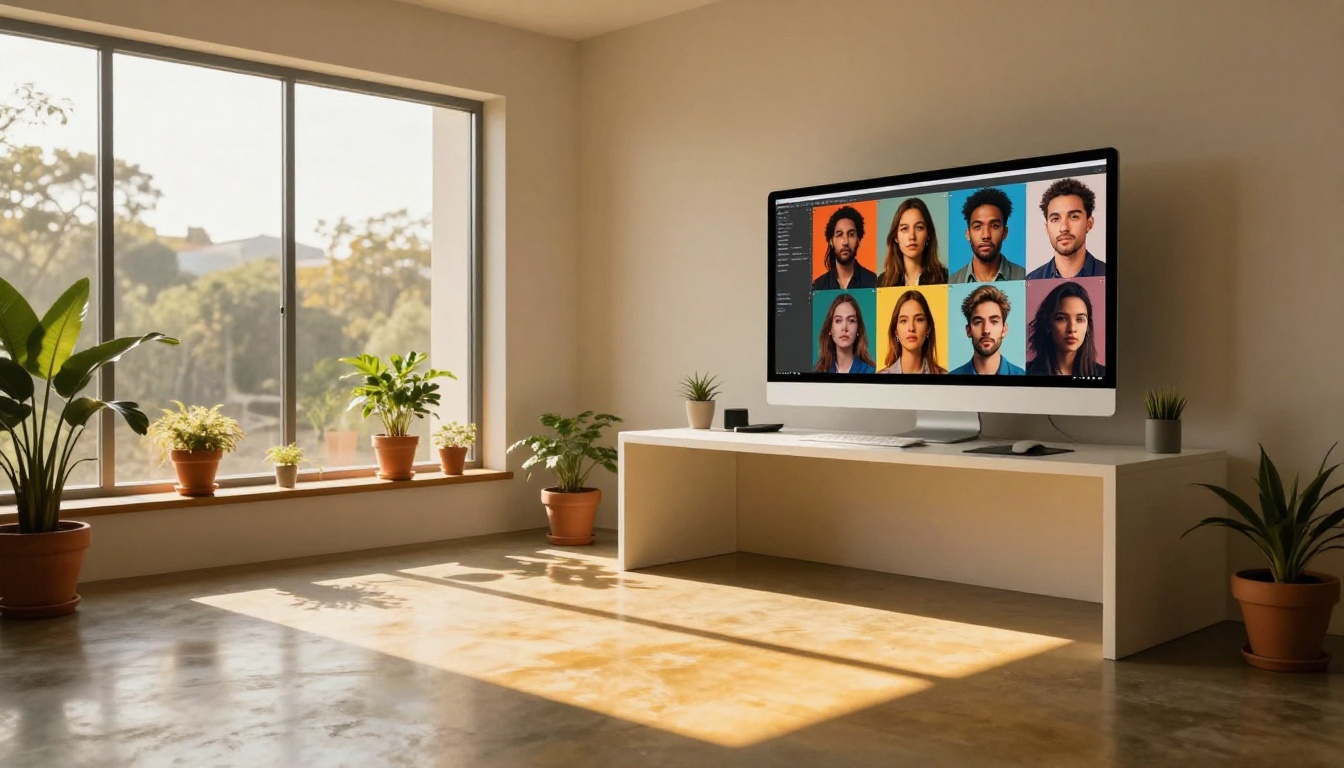 A modern home office with a monitor displaying AI-generated portrait grids