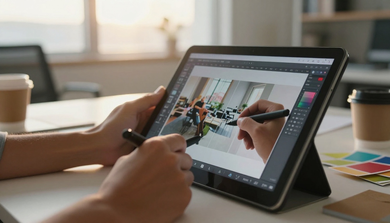 A graphic designer using a stylus tablet for image editing work