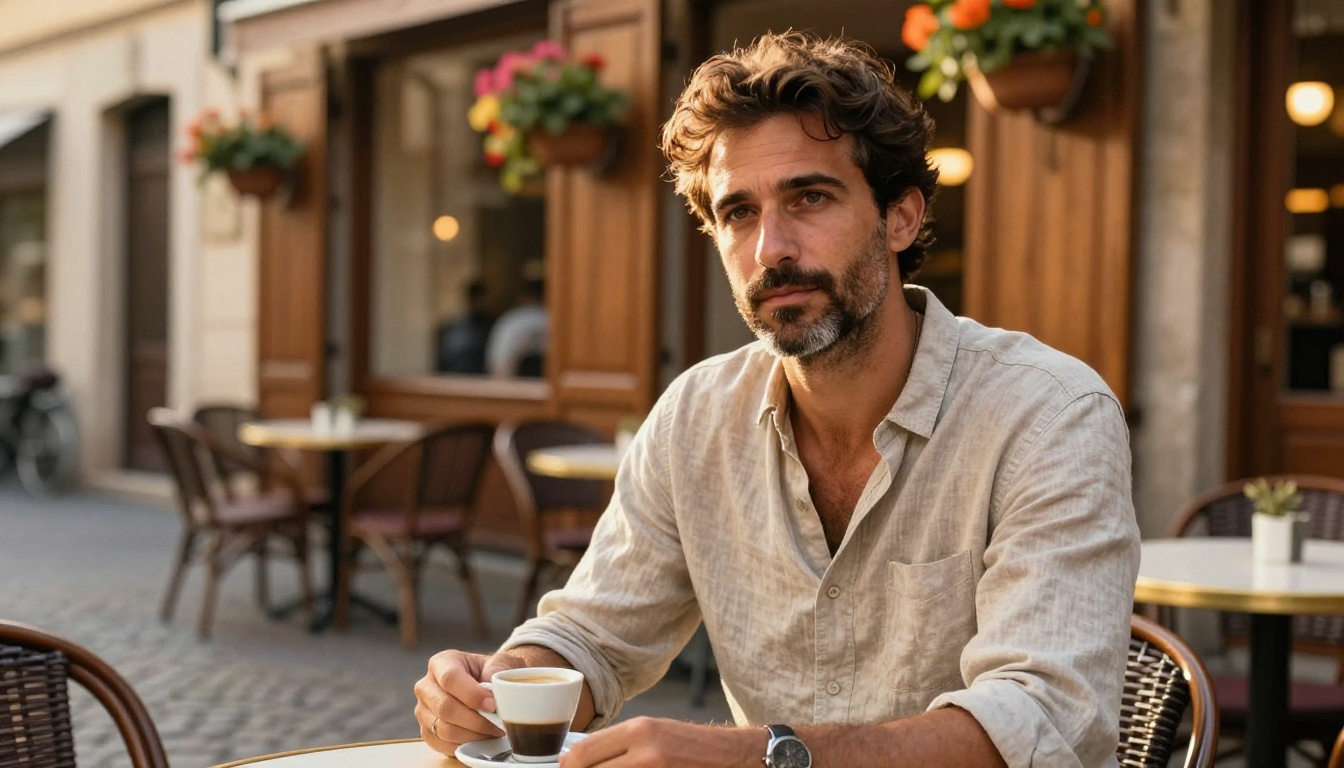 Portrait of a man at an outdoor cobblestone cafe showing photorealistic detail
