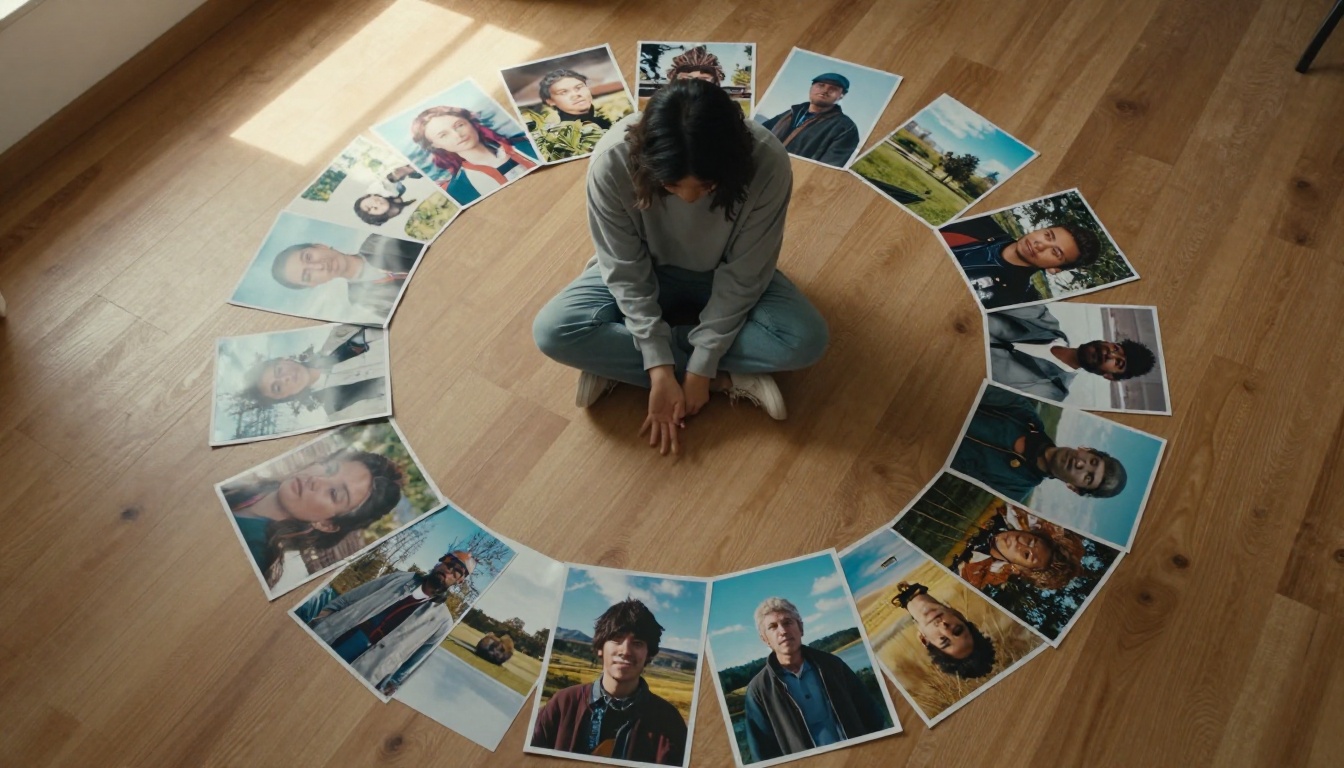 Aerial view of a person surrounded by printed AI-generated photographs