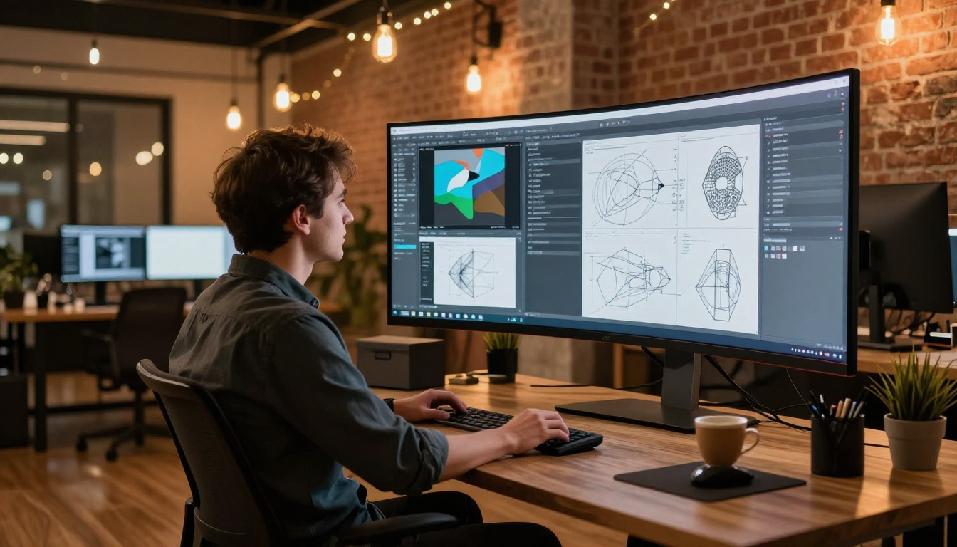 A creative professional at a tech workspace with warm Edison bulb lighting and exposed brick walls