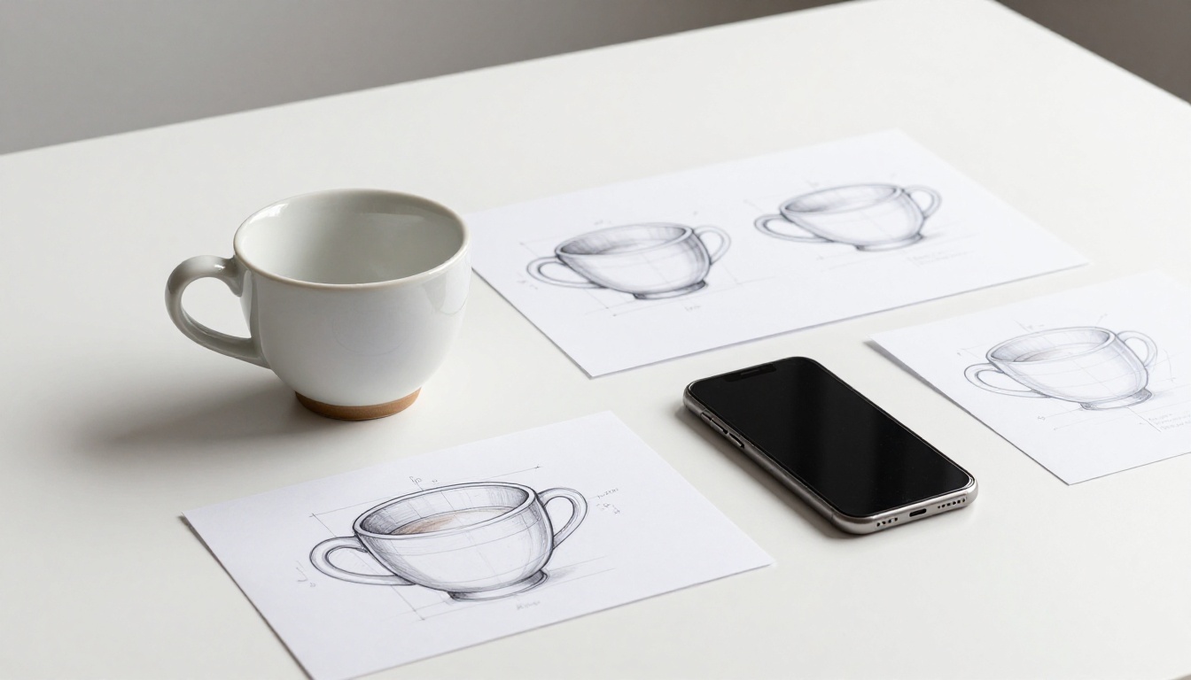 A smartphone scanning a ceramic espresso cup on a white studio table