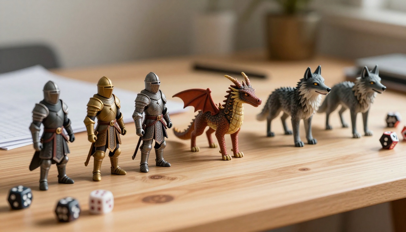 Small fantasy character figurines on a wooden desk in warm afternoon sunlight