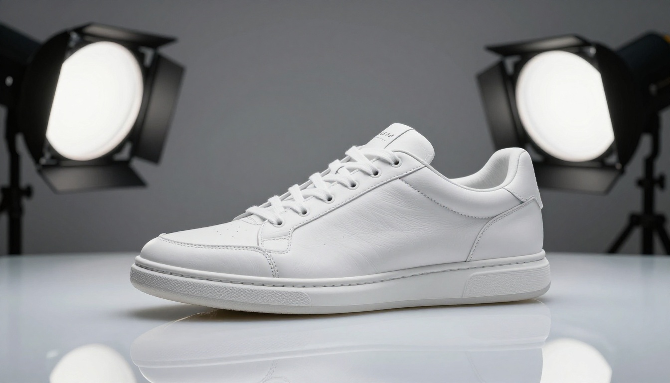 White leather sneaker on frosted glass in a professional studio with softbox lighting