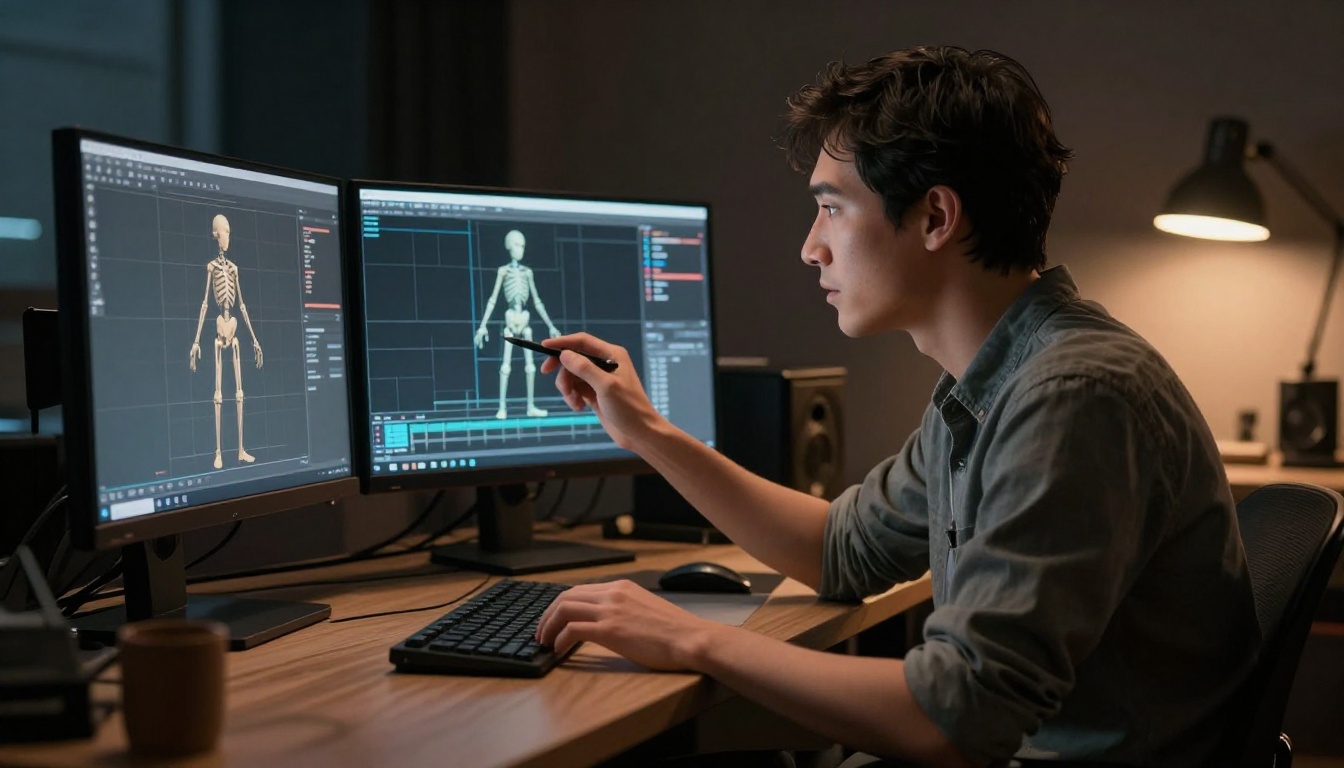 3D animator at a professional workstation with dramatic split lighting from desk lamp and monitor