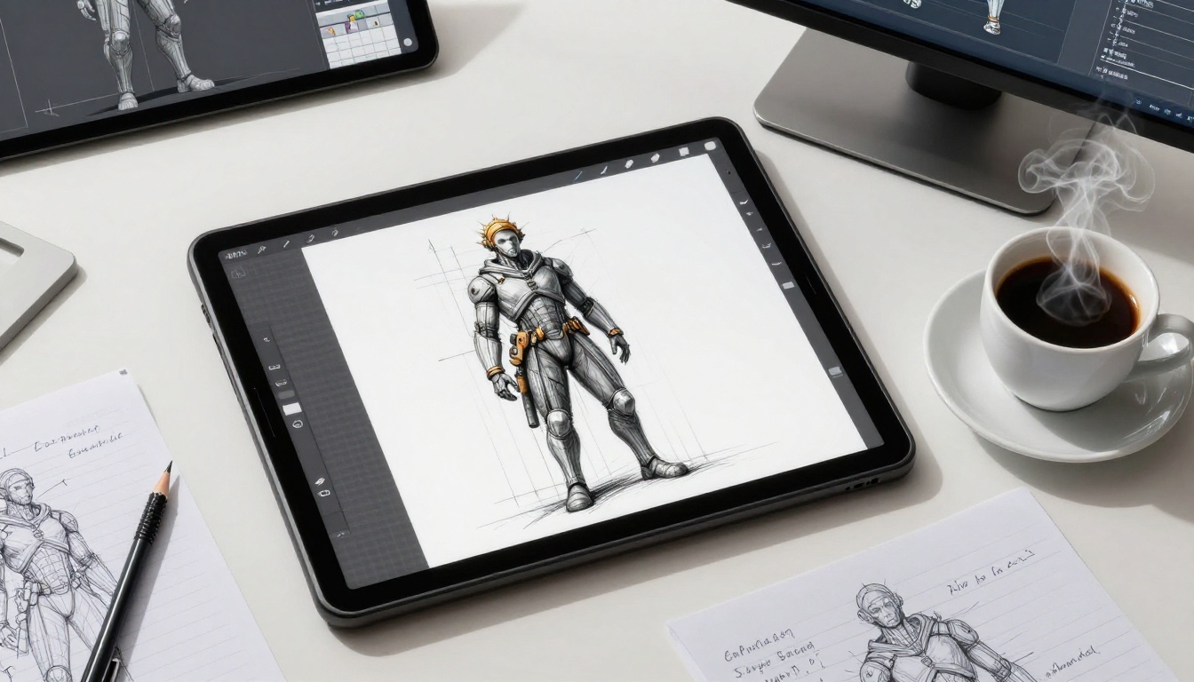 Overhead flat lay of a character design workspace with sketch tablet, wireframe monitor, pencil, and coffee