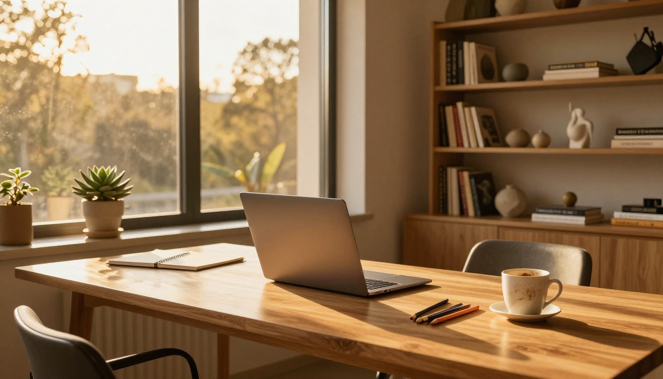 Creative workspace at golden hour with warm sunlight through floor-to-ceiling windows and bookshelves