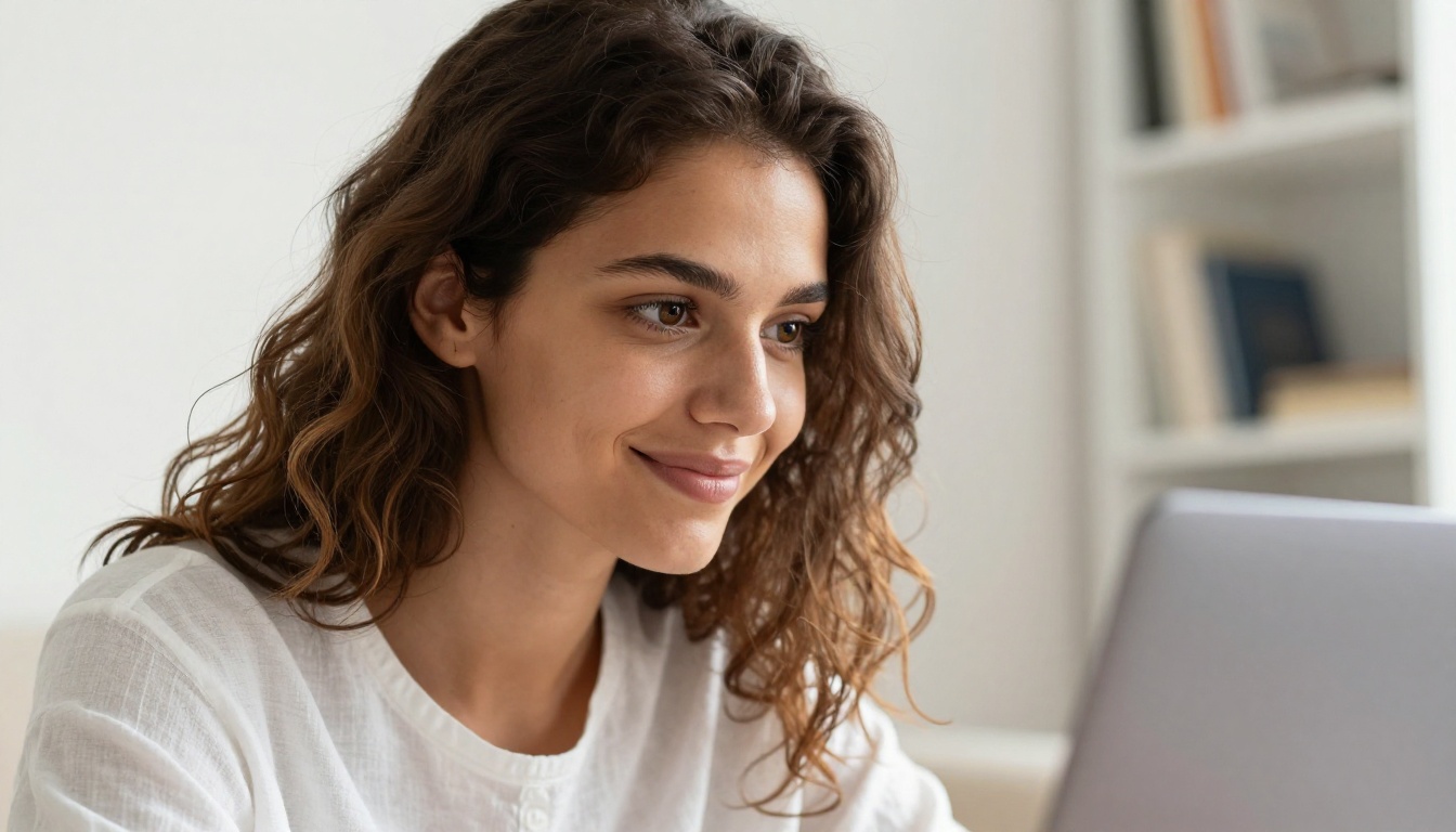 Young woman with natural hair smiling at her laptop in a bright minimal home studio with morning light