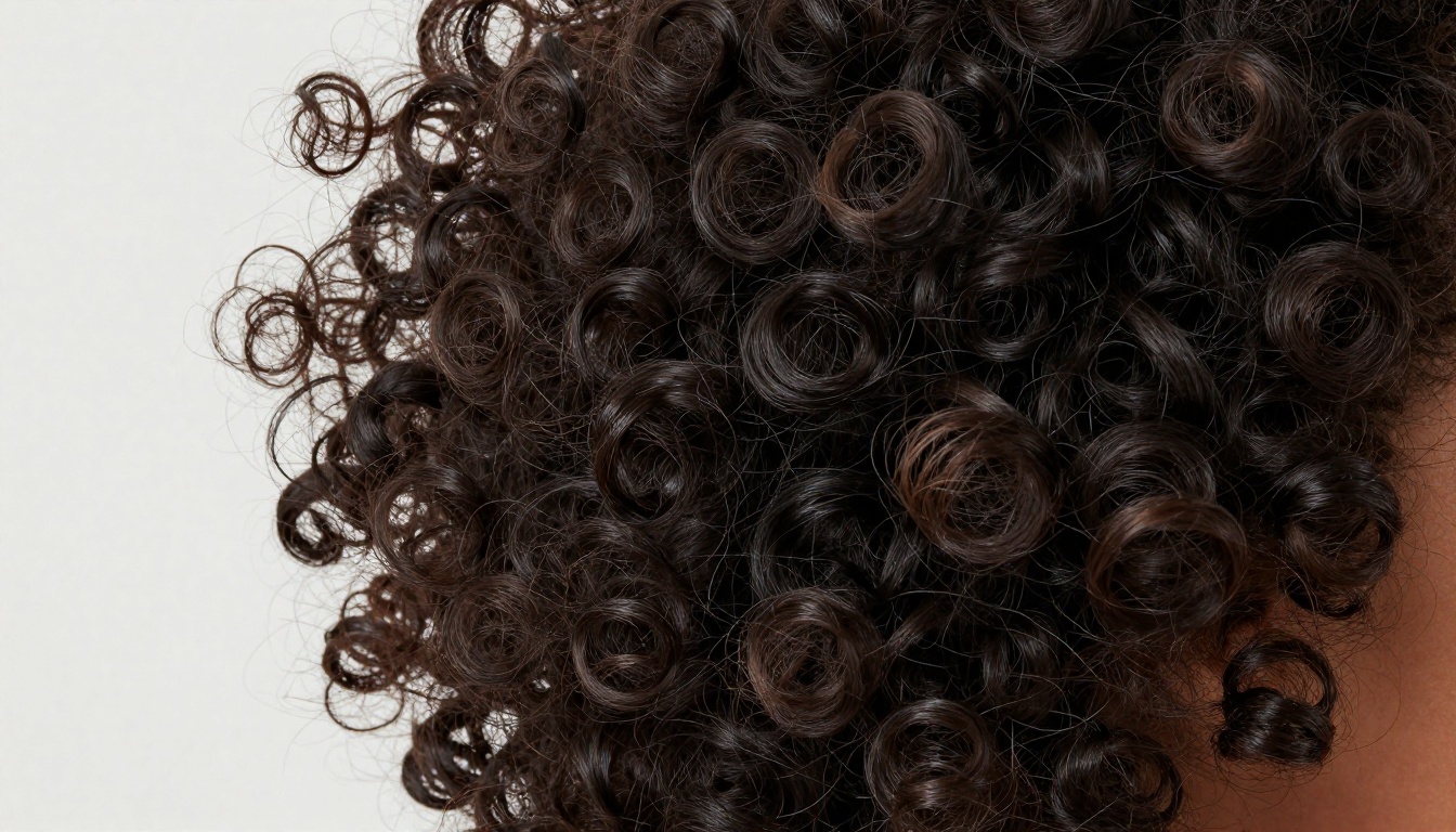 Extreme macro close-up of natural black curly hair strands perfectly isolated against a clean white background