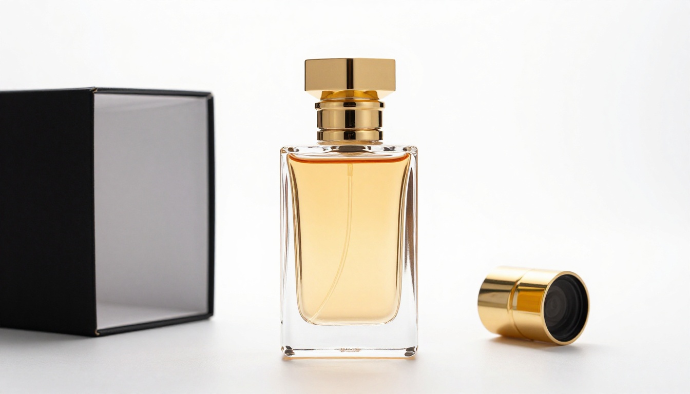Luxury perfume bottle with perfect white background after AI background removal, clean product shot