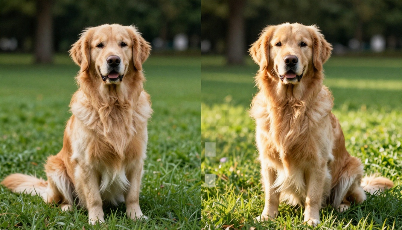 Golden retriever dog shown in split-screen with original grassy background on left and clean transparent cutout on right