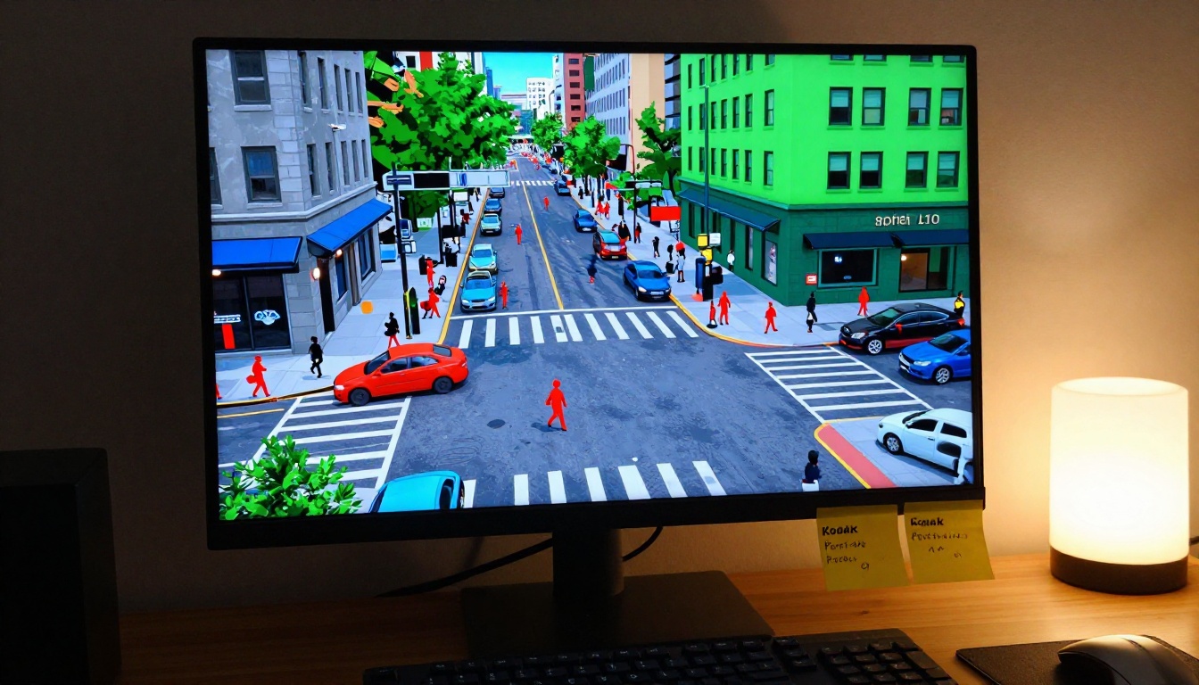 Semantic segmentation visualization displayed on a developer's monitor showing color-coded object detection