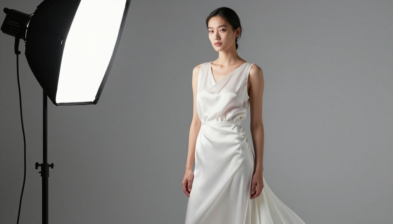 Professional fashion model in flowing white silk dress cleanly isolated against a neutral gray background