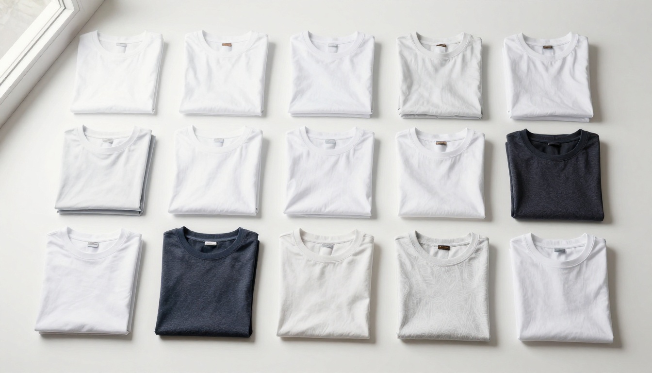 E-commerce flat lay of clothing items and accessories arranged in a grid with perfectly clean white backgrounds