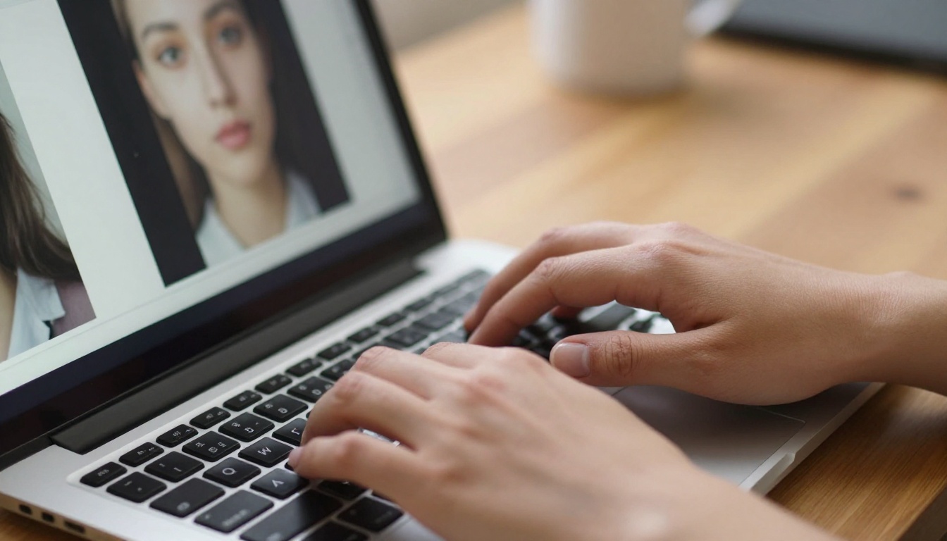 Close-up of hands on a laptop screen showing a before-and-after background removal comparison