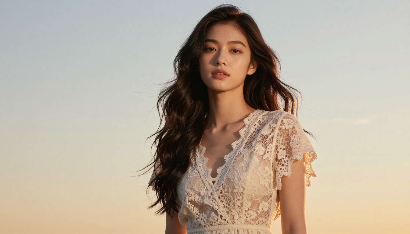 Young woman in delicate lace dress with hair and fabric edges precisely isolated against a soft gradient sky background