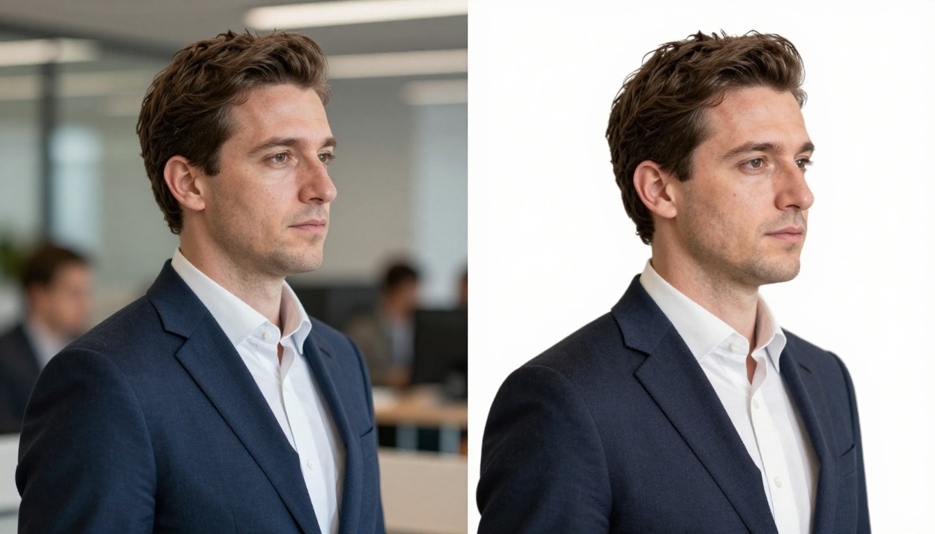 Side-by-side portrait comparison showing original office background on left and perfect white background cutout on right