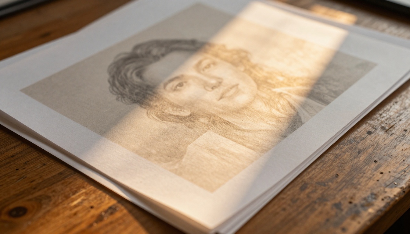 Printed portrait photograph on a wooden desk covered by translucent layers of tracing paper stacked on top, each layer adding more visual noise, warm afternoon sunlight raking across the paper texture surface Printed portrait photograph on a wooden desk covered by translucent layers of tracing paper stacked on top, each layer adding more visual noise, warm afternoon sunlight raking across the paper texture surface