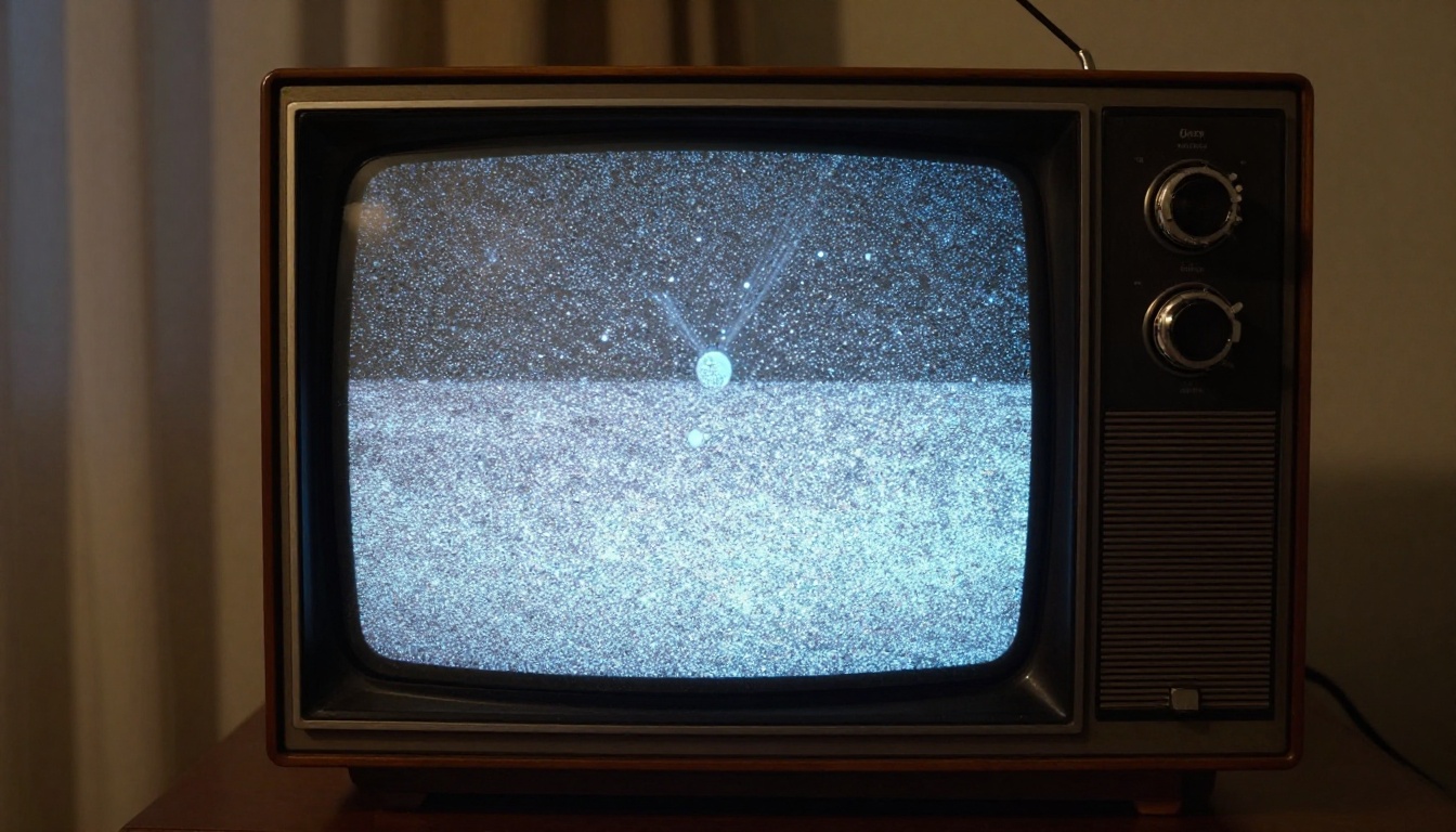 Vintage analog television displaying static noise, the phosphorescent CRT screen glow casting blue-white light in a dim room, warm incandescent ambient light contrasting with the cold screen Vintage analog television displaying static noise, the phosphorescent CRT screen glow casting blue-white light in a dim room, warm incandescent ambient light contrasting with the cold screen