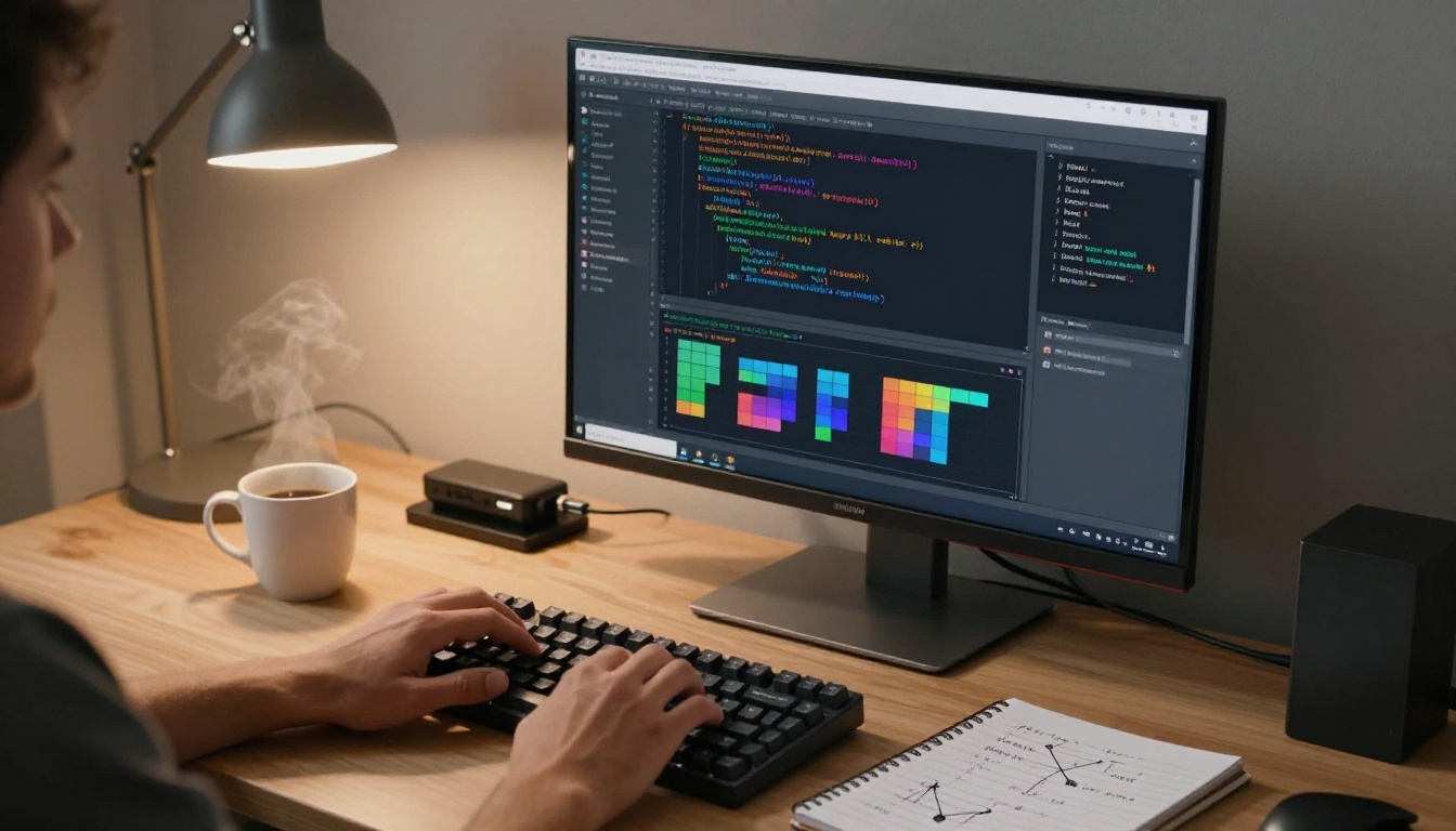 Overhead aerial photograph of a software engineer's desk, hands typing on a mechanical keyboard, widescreen monitor displaying Python code and matrix array visualizations, warm tungsten desk lamp, handwritten equations in a notebook Overhead aerial photograph of a software engineer's desk, hands typing on a mechanical keyboard, widescreen monitor displaying Python code and matrix array visualizations, warm tungsten desk lamp, handwritten equations in a notebook