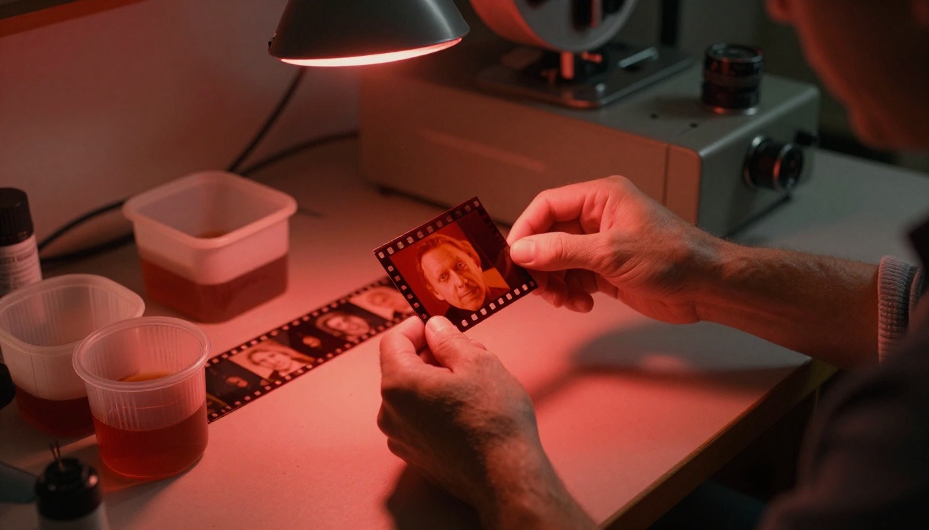 Film photographer in a traditional darkroom holding a strip of 35mm film negatives up toward amber red safe-light, compressed miniature images visible in sequence along the strip, chemical developing trays below on the bench Film photographer in a traditional darkroom holding a strip of 35mm film negatives up toward amber red safe-light, compressed miniature images visible in sequence along the strip, chemical developing trays below on the bench