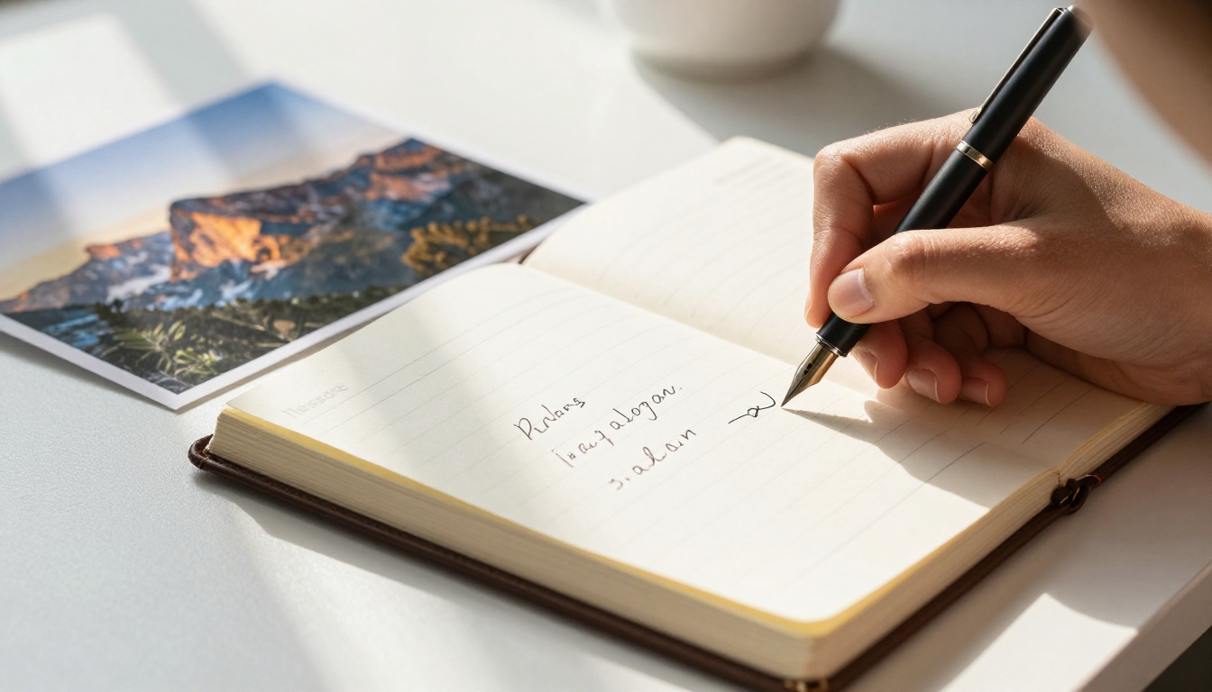 Close-up of a woman's hands writing detailed descriptive notes in a leather-bound journal, beside the journal a printed photograph of a mountain landscape at golden hour, natural soft window light creating gentle shadows Close-up of a woman's hands writing detailed descriptive notes in a leather-bound journal, beside the journal a printed photograph of a mountain landscape at golden hour, natural soft window light creating gentle shadows